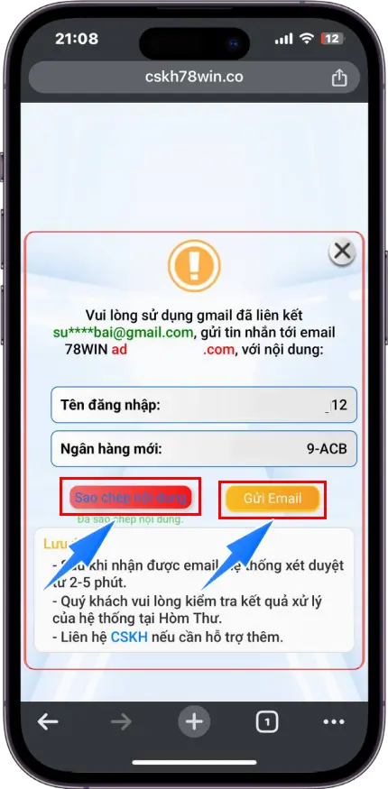 Bước 5 : Sao chép nội dung - Dùng EMAIL đăng ký tài khoản >> Gửi thông tin đã sao chép đến Email của hệ thống >> Chờ xét duyệt trong vài phút